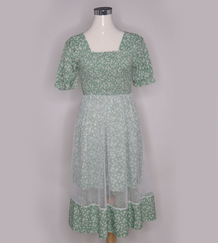 Floral print square neck net flared dress